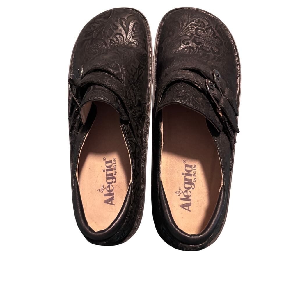 Alegria Seville Size 42 Black Floral Embossed Leather Clogs 2 Buckle